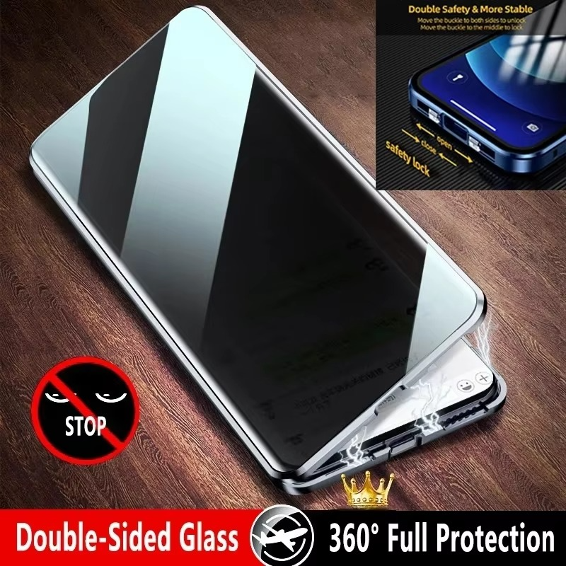 Luxury Metal Magnetic Privacy iPhone Case — 360° Shockproof Full Coverage, Anti-Scratch, Non-Slip, Lightweight Tempered Glass Cover