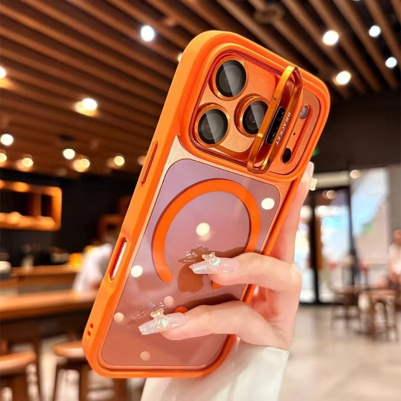 Luxury iPhone Case — Transparent MagSafe Compatible Half-Wrapped Shockproof Cover with Camera Bracket, Anti-Fingerprint, Non-Slip Design and Wrist Strap