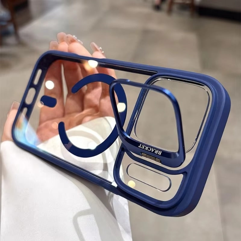 Luxury iPhone Case — Transparent MagSafe Compatible Half-Wrapped Shockproof Cover with Camera Bracket, Anti-Fingerprint, Non-Slip Design and Wrist Strap