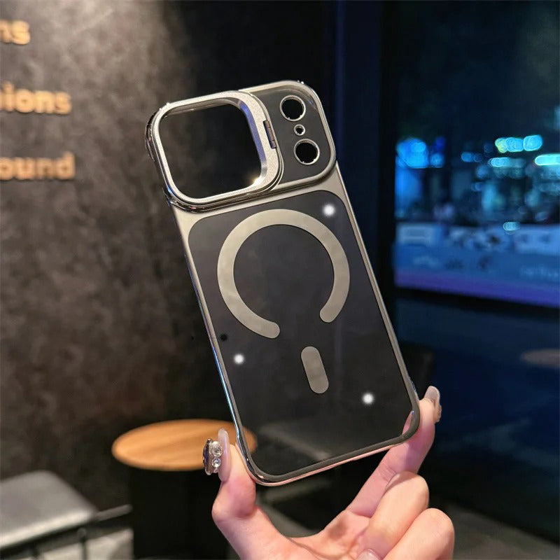 Luxury iPhone Case — Ultra-Thin Frameless Magnetic Plating Cover with Cooling Metal Camera Holder, MagSafe Compatible, Shockproof, Lightweight Full Protection Design