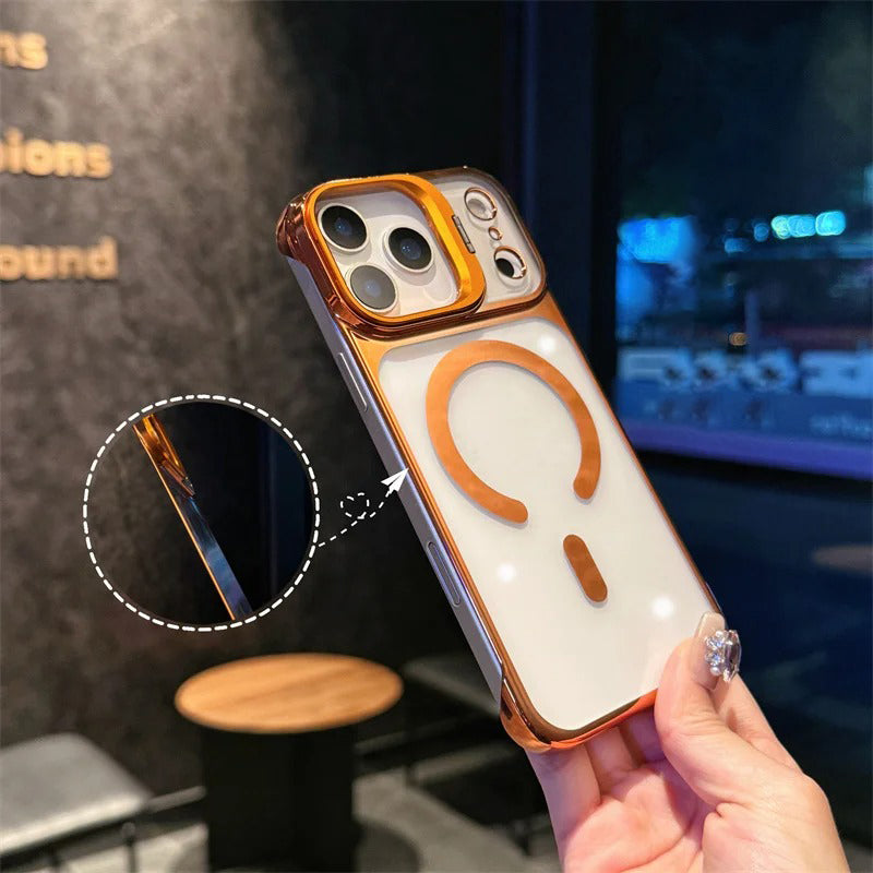 Luxury iPhone Case — Ultra-Thin Frameless Magnetic Plating Cover with Cooling Metal Camera Holder, MagSafe Compatible, Shockproof, Lightweight Full Protection Design