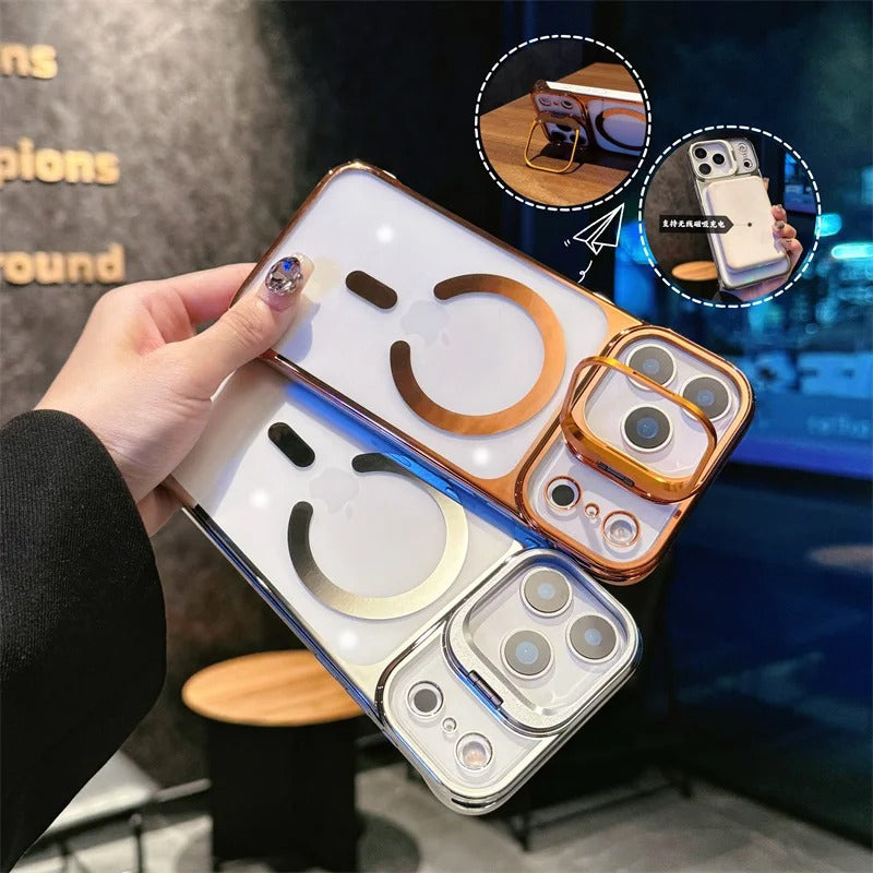 Luxury iPhone Case — Ultra-Thin Frameless Magnetic Plating Cover with Cooling Metal Camera Holder, MagSafe Compatible, Shockproof, Lightweight Full Protection Design