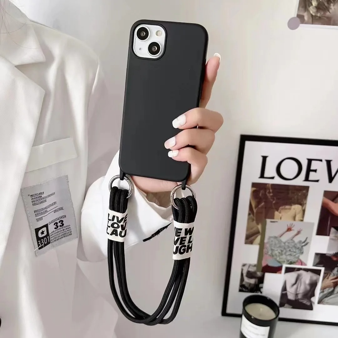 Luxury iPhone Case Crossbody Liquid Silicone — Matte Anti-Fingerprint Shockproof Cover with Lanyard, Full Edge Protection, Non-Slip