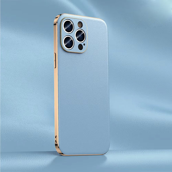 Luxury iPhone Case Genuine Cowhide Leather Back Cover — Full Camera Lens Protection, Plated Edges, Anti-Fingerprint Matte Finish, Wireless Charging Compatible