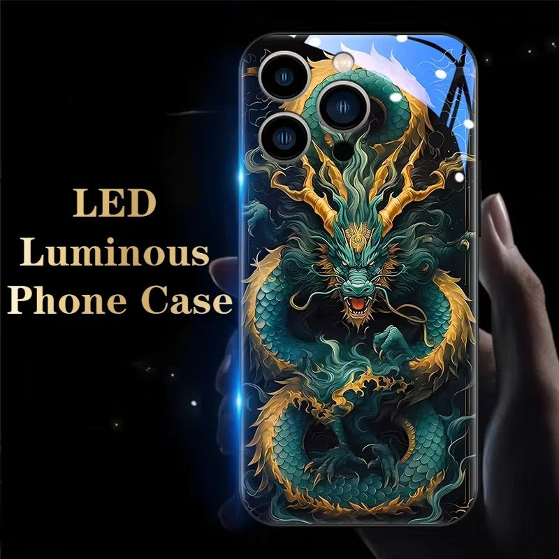 Luxury iPhone Case Green Dragon LED Light Cover — Smart Sound Control Glowing Design, Tempered Glass Back, Shockproof Anti-Fingerprint Full Coverage Protection