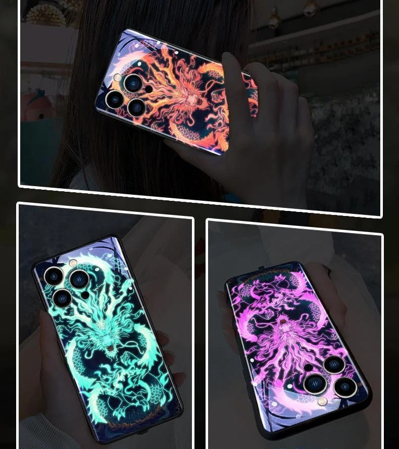 Luxury iPhone Case Green Dragon LED Light Cover — Smart Sound Control Glowing Design, Tempered Glass Back, Shockproof Anti-Fingerprint Full Coverage Protection