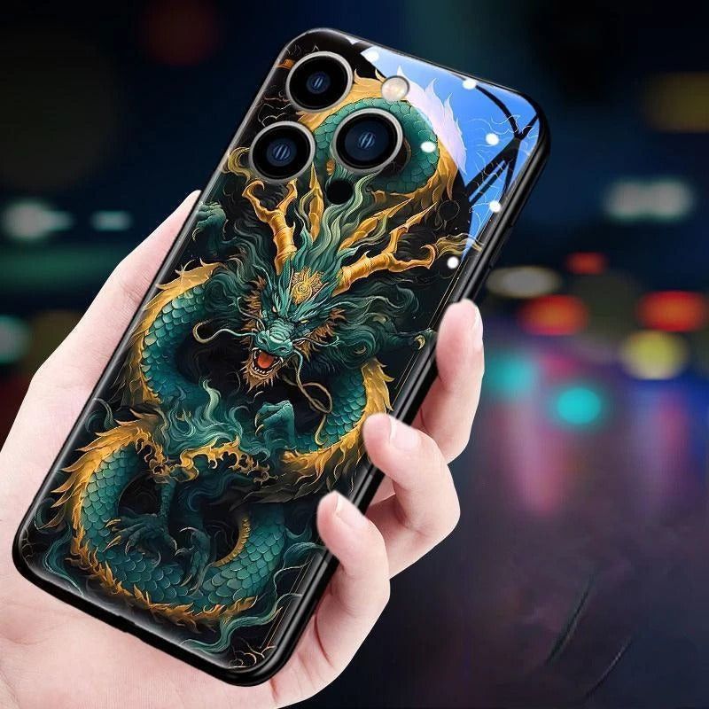 Luxury iPhone Case Green Dragon LED Light Cover — Smart Sound Control Glowing Design, Tempered Glass Back, Shockproof Anti-Fingerprint Full Coverage Protection