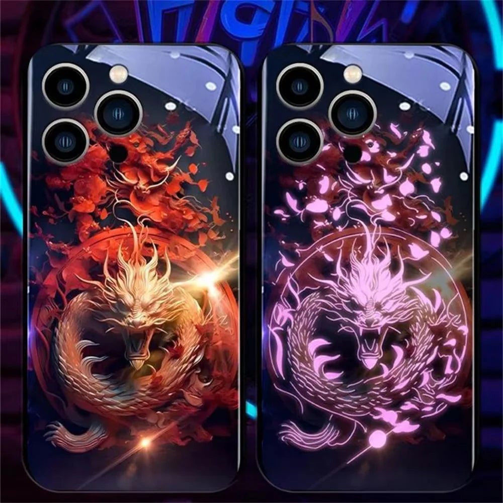 Luxury iPhone Case Green Dragon LED Light Cover — Smart Sound Control Glowing Design, Tempered Glass Back, Shockproof Anti-Fingerprint Full Coverage Protection