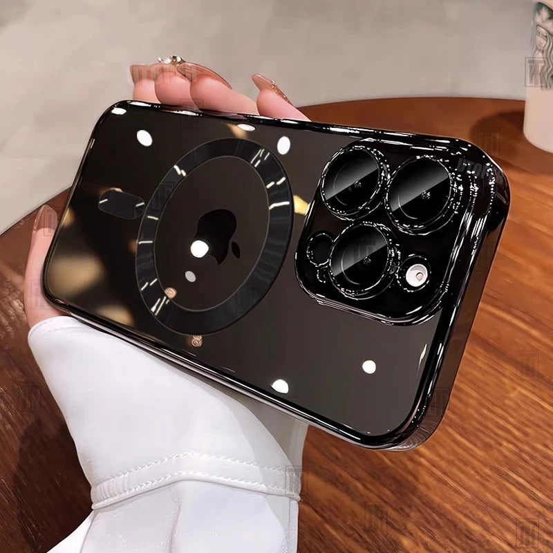 Luxury iPhone Case MagSafe Compatible Clear Back Cover — Desert Gold Frame, Magnetic Lens Protection, Soft Shockproof Design, Slim Scratch-Resistant Finish