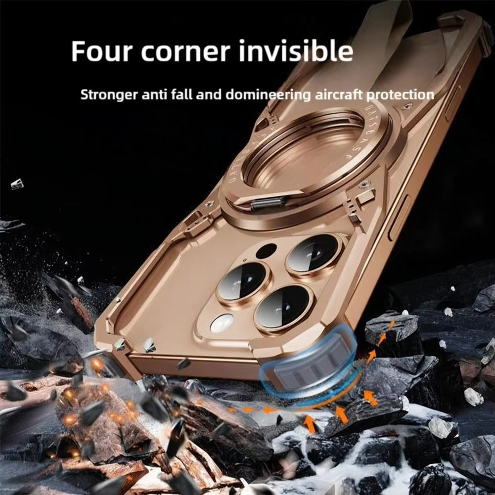 Luxury iPhone Case MagSafe Compatible Metal Frame — 360° Magnetic Aluminum Alloy Cover with Bracket Stand, Frameless Shockproof Anti-Fingerprint Protection