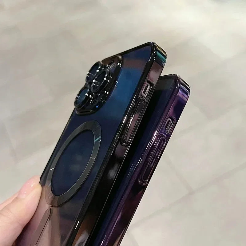 Luxury iPhone Case MagSafe Compatible Plating Clear Cover — Magnetic Wireless Charging Support, Lens Protector, Anti-Fingerprint Scratch-Resistant Design