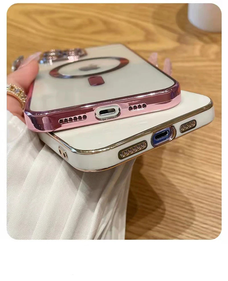 Luxury iPhone Case MagSafe Compatible Plating Clear Cover — Magnetic Wireless Charging Support, Lens Protector, Anti-Fingerprint Scratch-Resistant Design