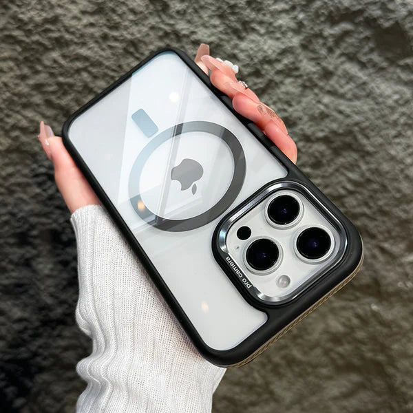 Luxury iPhone Case MagSafe Compatible Shockproof Cover — Magnetic Design with Stand, Glass Camera Lens Protector, Slim Transparent Anti-Fingerprint Finish