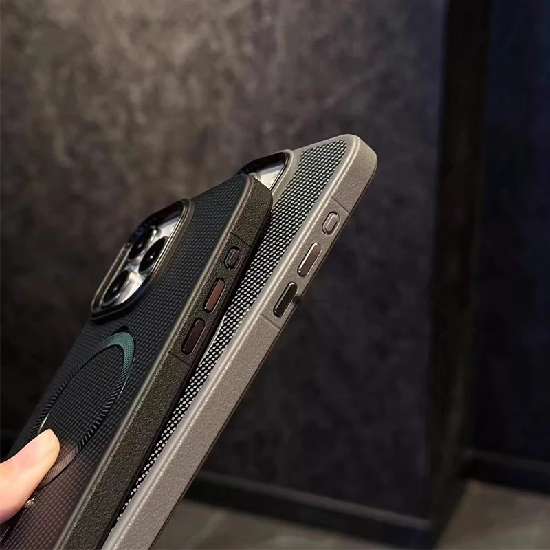 Luxury iPhone Case Titanium Gold Carbon Fiber Cover — MagSafe Compatible Magnetic Charging, Shockproof Hard Back with Ring Kickstand Holder, Anti-Fingerprint Design