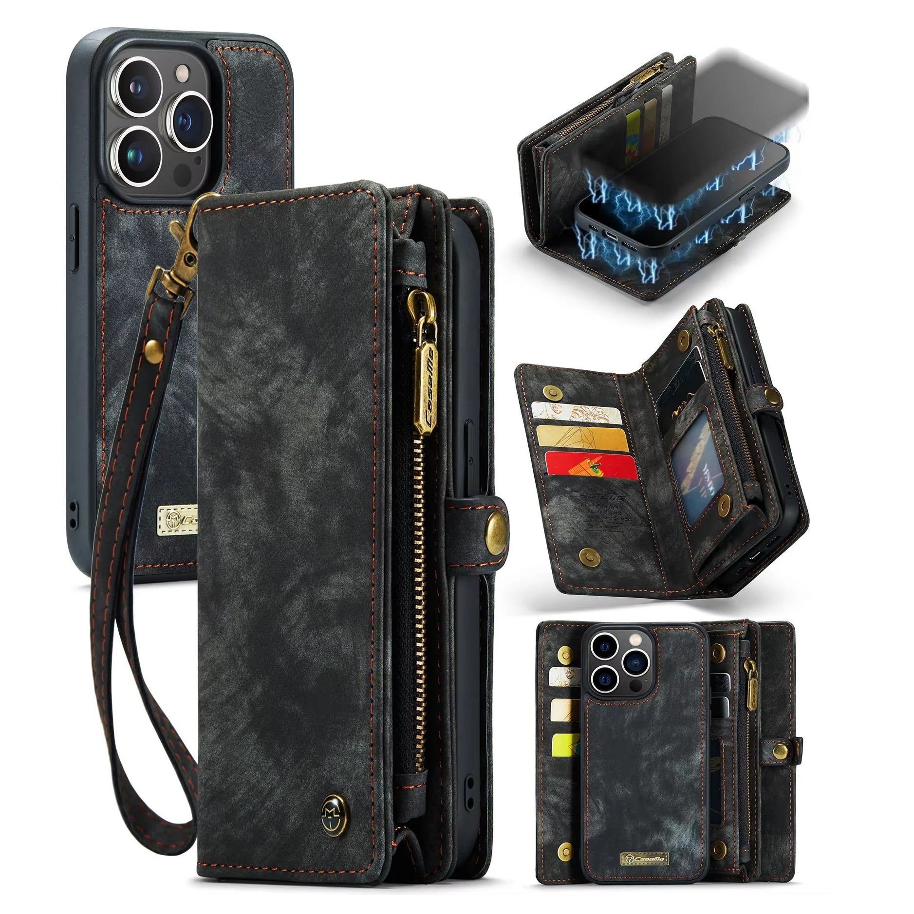 Luxury iPhone Case — 2-in-1 Detachable Magnetic Wallet Cover with Zipper Card Slots, Kickstand Feature and Matte Anti-Fingerprint Leather Design