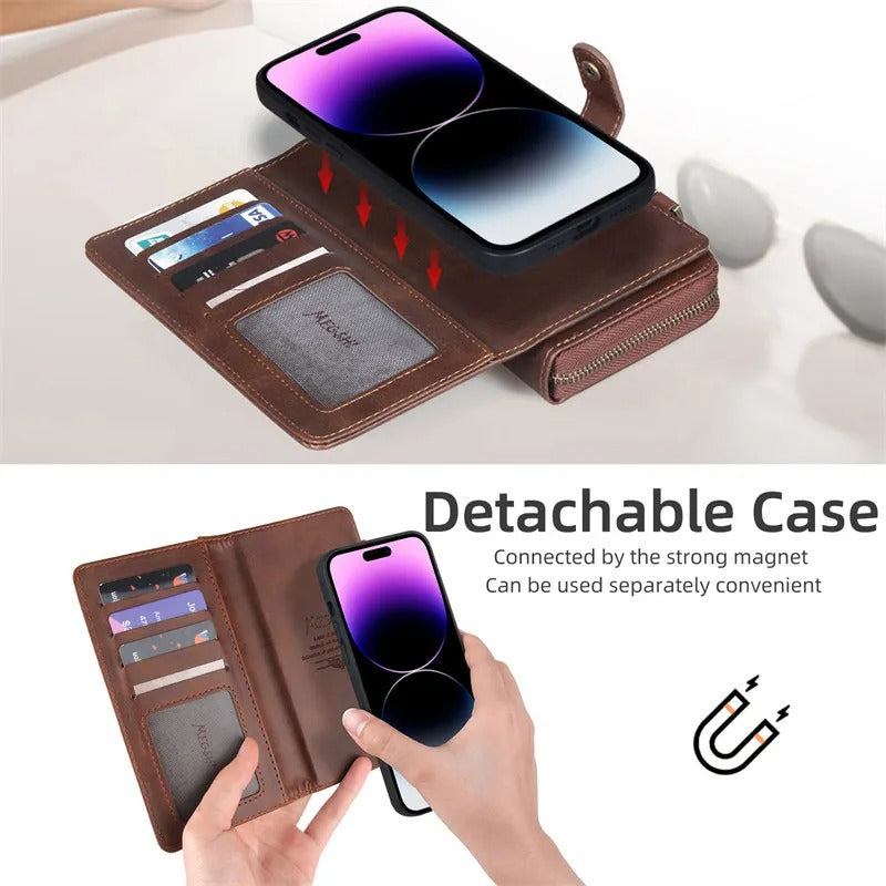 Luxury iPhone Case — 2-in-1 Detachable PU Leather Wallet Cover with Zipper Purse, Magnetic Flip Clasp, Heavy-Duty Dual-Layer Protection and Lanyard