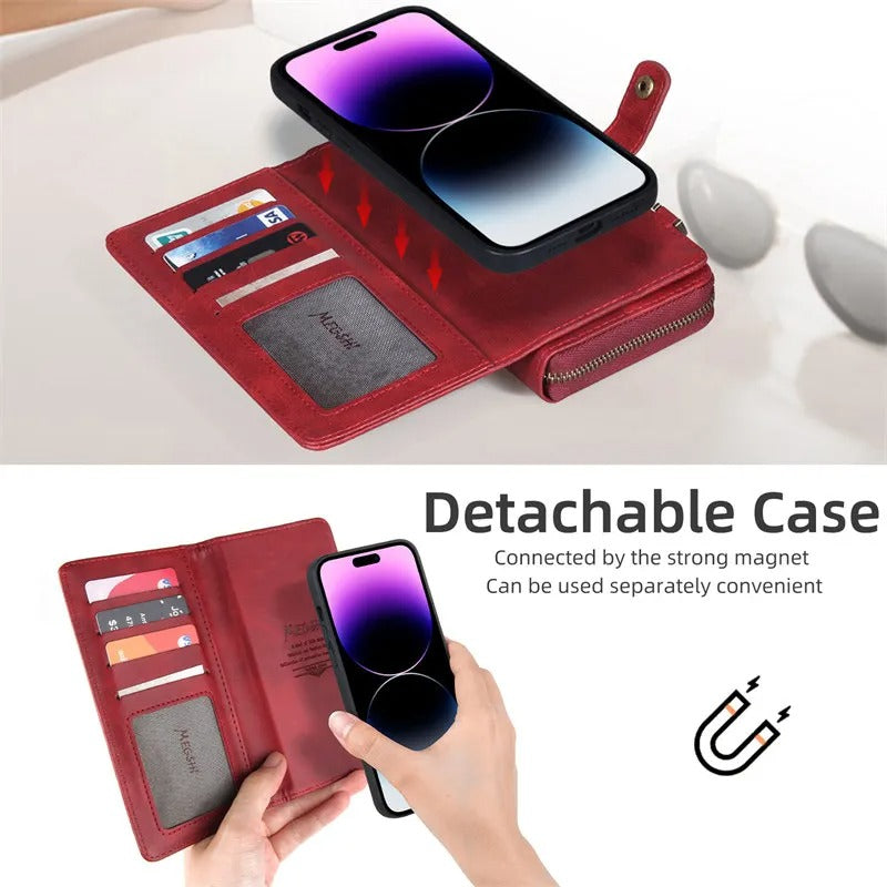 Luxury iPhone Case — 2-in-1 Detachable PU Leather Wallet Cover with Zipper Purse, Magnetic Flip Clasp, Heavy-Duty Dual-Layer Protection and Lanyard