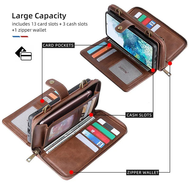 Luxury iPhone Case — 2-in-1 Detachable PU Leather Wallet Cover with Zipper Purse, Magnetic Flip Clasp, Heavy-Duty Dual-Layer Protection and Lanyard
