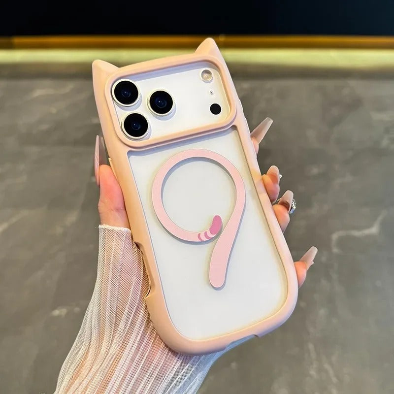 Luxury iPhone Case — 3D Cat Ear MagSafe TPU Cover with Shockproof Protection, Anti-Fingerprint Anti-Scratch Dustproof Non-Slip Transparent Design