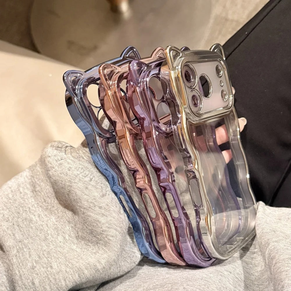Luxury iPhone Case — 3D Cat Ears Glitter Cartoon Cover with Plating Wave Edge, Shockproof Anti-Scratch Silicone & Cute Y2K Non-Slip Design