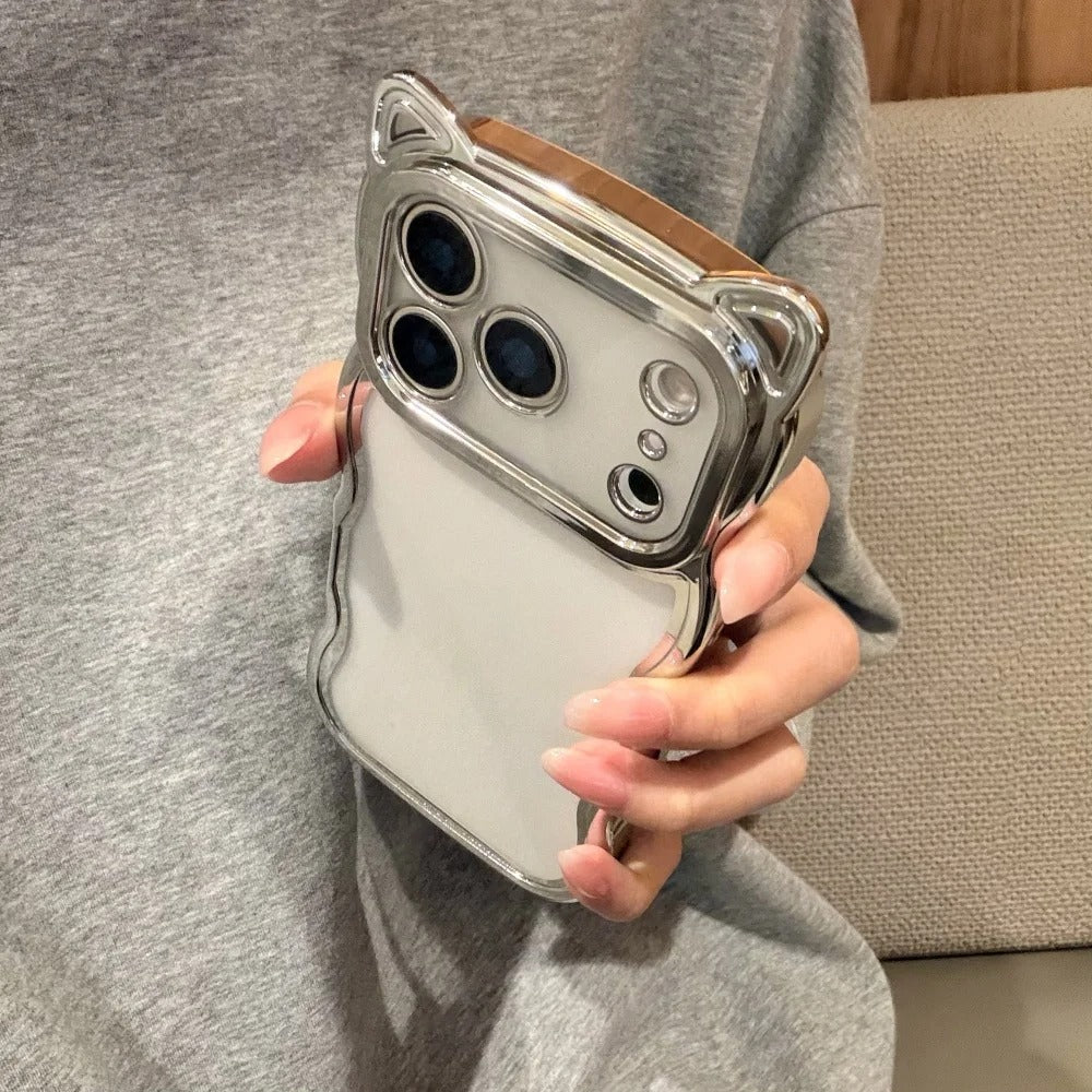 Luxury iPhone Case — 3D Cat Ears Glitter Cartoon Cover with Plating Wave Edge, Shockproof Anti-Scratch Silicone & Cute Y2K Non-Slip Design