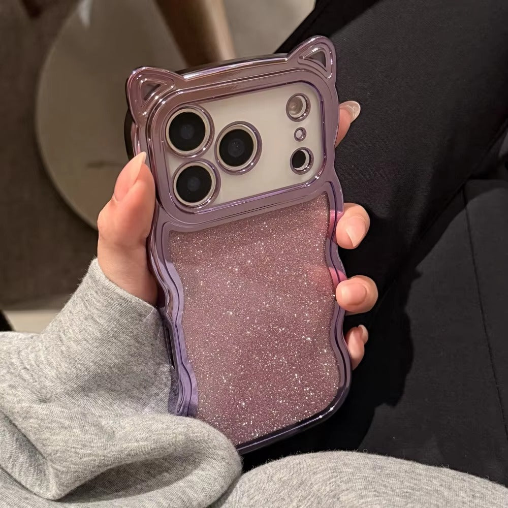 Luxury iPhone Case — 3D Cat Ears Glitter Cartoon Cover with Plating Wave Edge, Shockproof Anti-Scratch Silicone & Cute Y2K Non-Slip Design