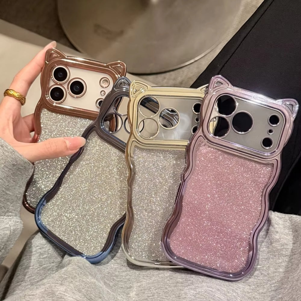 Luxury iPhone Case — 3D Cat Ears Glitter Cartoon Cover with Plating Wave Edge, Shockproof Anti-Scratch Silicone & Cute Y2K Non-Slip Design
