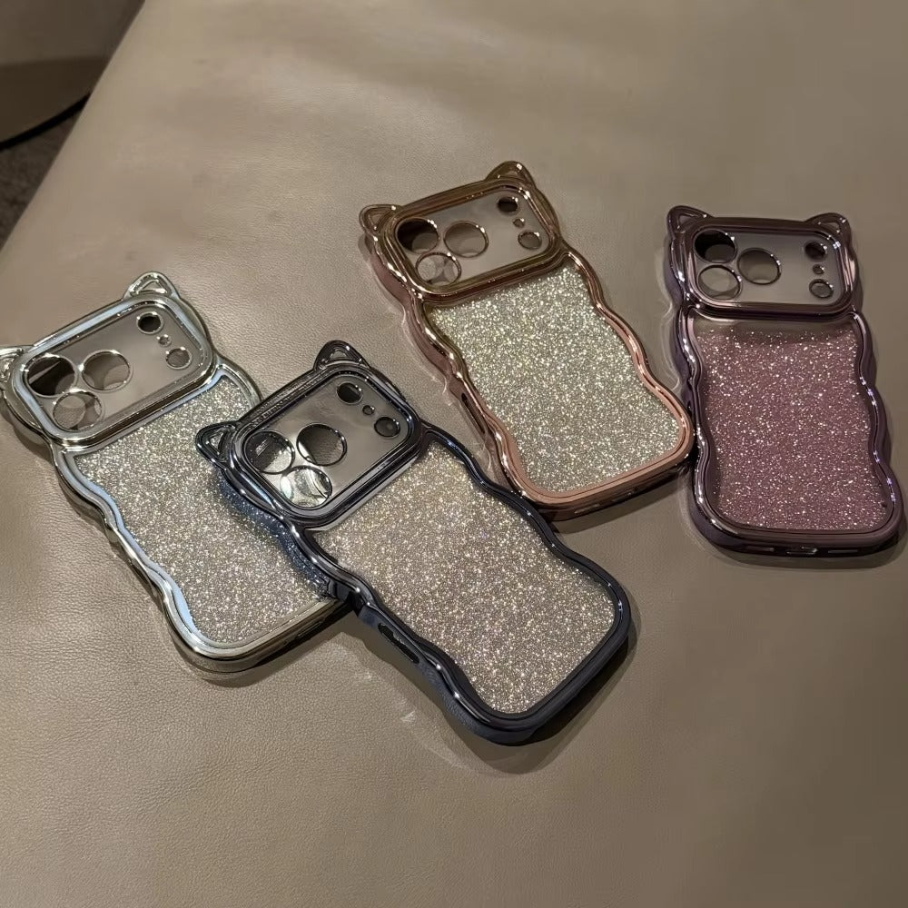 Luxury iPhone Case — 3D Cat Ears Glitter Cartoon Cover with Plating Wave Edge, Shockproof Anti-Scratch Silicone & Cute Y2K Non-Slip Design