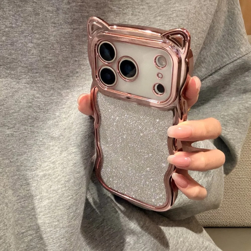 Luxury iPhone Case — 3D Cat Ears Glitter Cartoon Cover with Plating Wave Edge, Shockproof Anti-Scratch Silicone & Cute Y2K Non-Slip Design