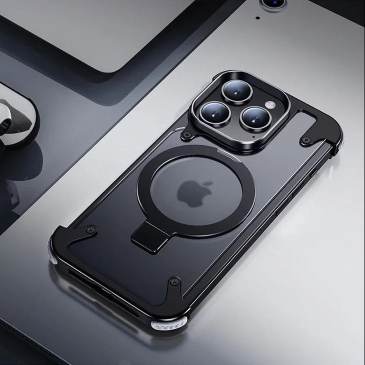 Luxury iPhone Case — Aluminum Alloy Rimless Magnetic Stand Cover with Metal Lens Protection, Frosted Matte Back & Shockproof Design