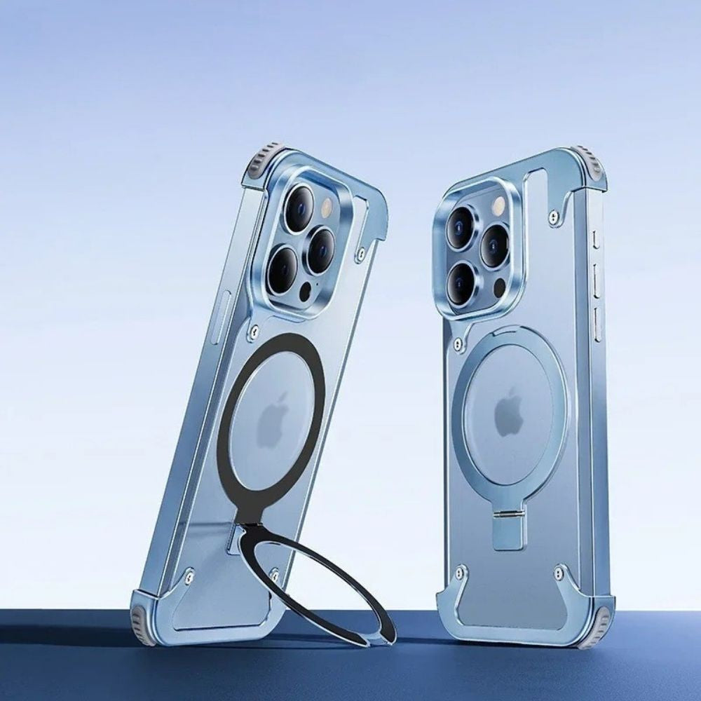 Luxury iPhone Case — Aluminum Alloy Rimless Magnetic Stand Cover with Metal Lens Protection, Frosted Matte Back & Shockproof Design