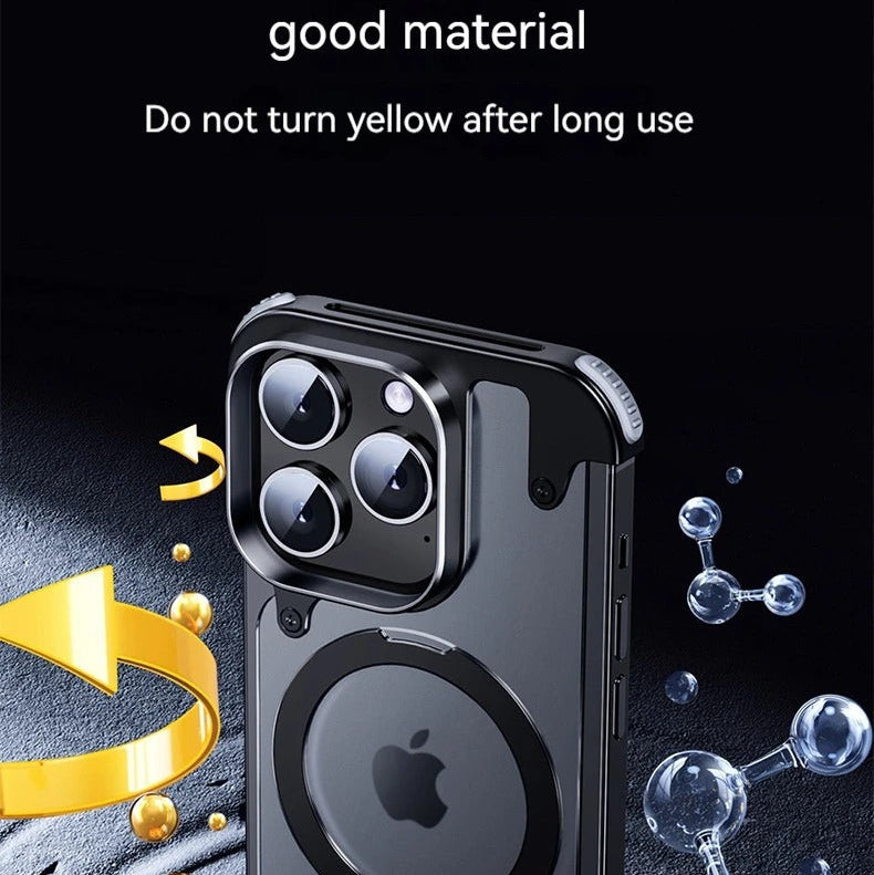 Luxury iPhone Case — Aluminum Alloy Rimless Magnetic Stand Cover with Metal Lens Protection, Frosted Matte Back & Shockproof Design