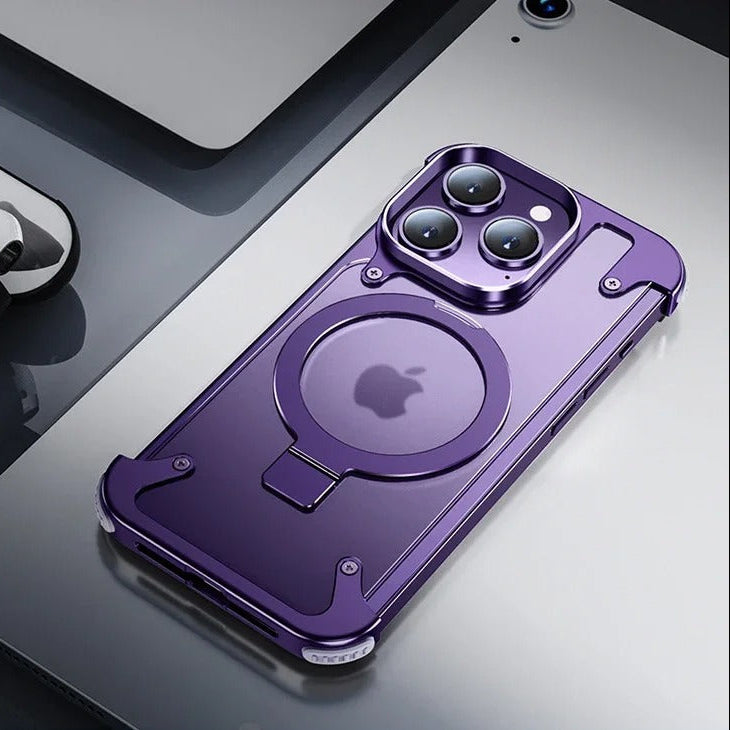 Luxury iPhone Case — Aluminum Alloy Rimless Magnetic Stand Cover with Metal Lens Protection, Frosted Matte Back & Shockproof Design