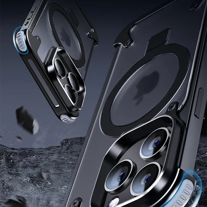 Luxury iPhone Case — Aluminum Alloy Rimless Magnetic Stand Cover with Metal Lens Protection, Frosted Matte Back & Shockproof Design