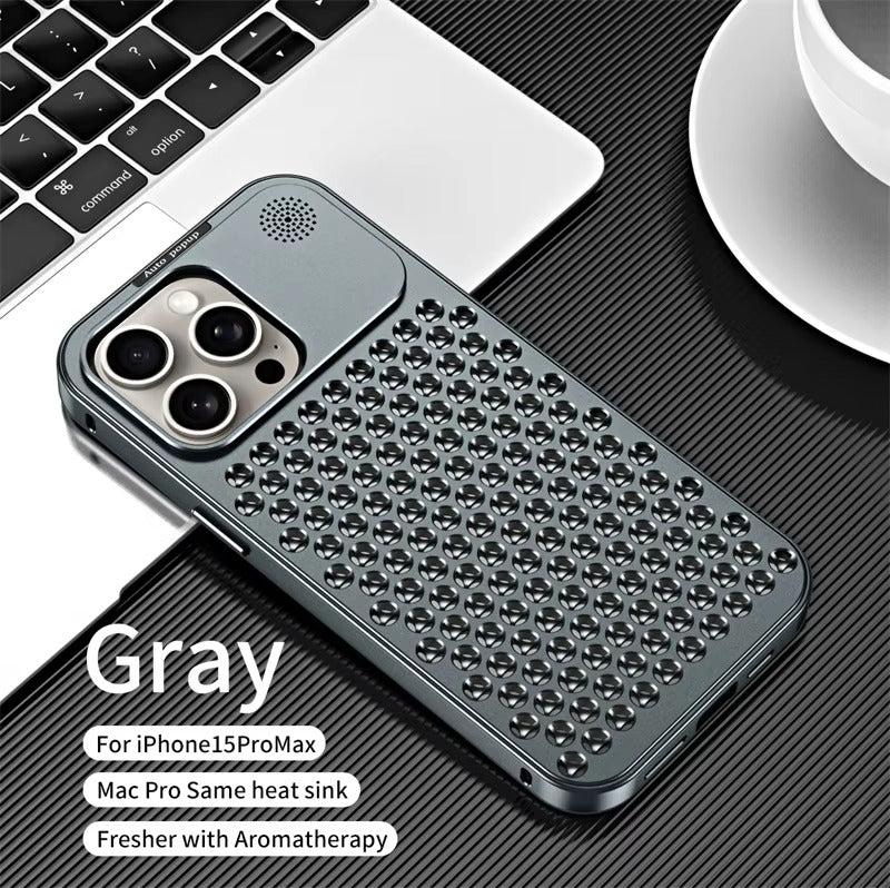 Luxury iPhone Case — Aluminum Aromatherapy Heat-Dissipation Cover with Auto-Popup Fragrance, Shockproof Metal Frame and Anti-Fingerprint Lightweight Design