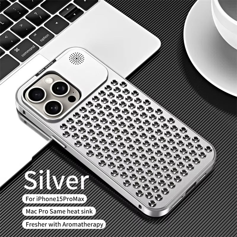 Luxury iPhone Case — Aluminum Aromatherapy Heat-Dissipation Cover with Auto-Popup Fragrance, Shockproof Metal Frame and Anti-Fingerprint Lightweight Design