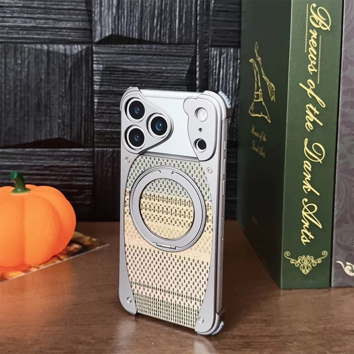 Luxury iPhone Case — Aluminum Metal Golden-Thread Magnetic Cover with Shockproof Bracket and Drop-Proof Durable Protection