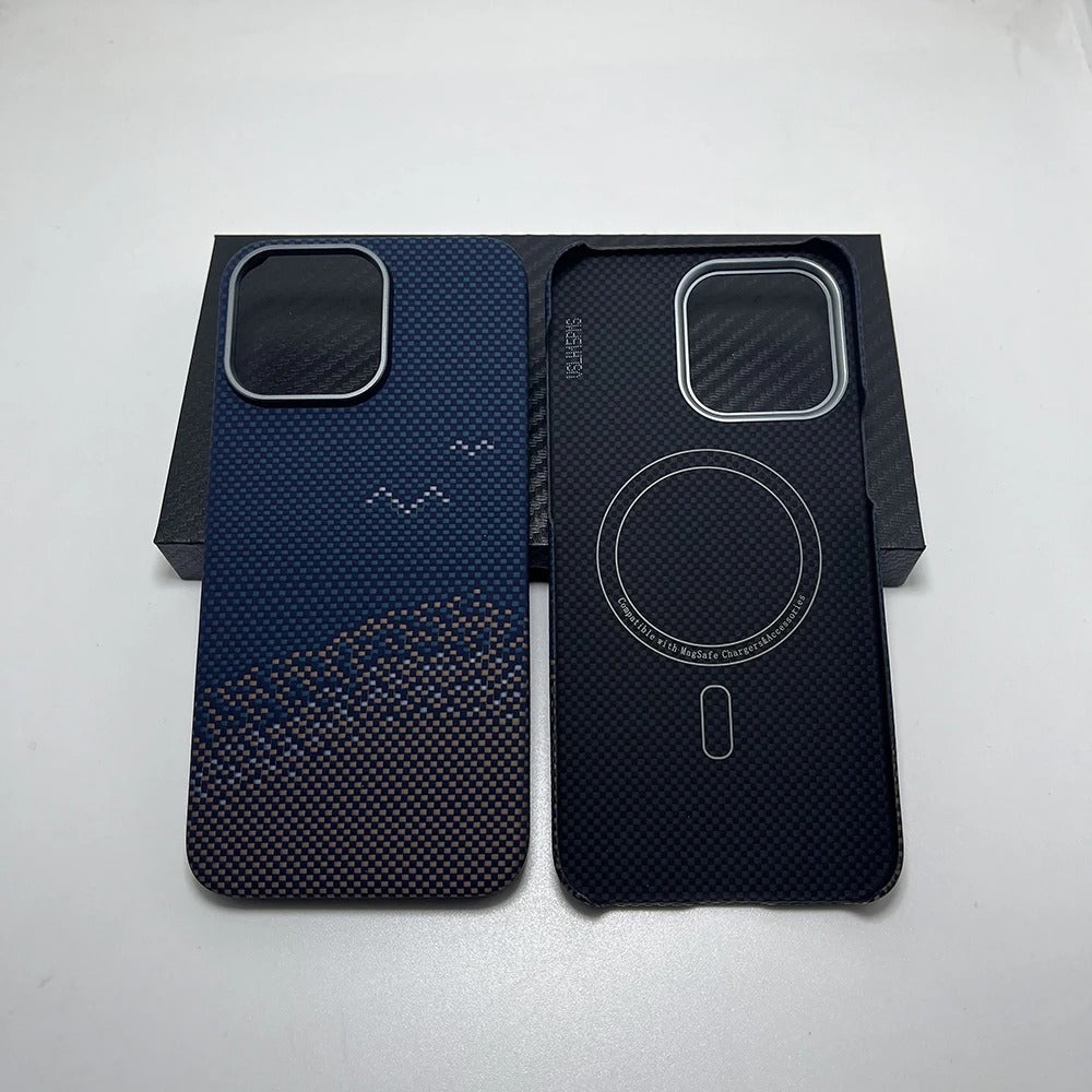 Luxury iPhone Case — Aramid Carbon Fiber MagSafe Cover with Ultra-Lightweight Half-Wrapped Protection and Durable Scratch-Resistant Texture