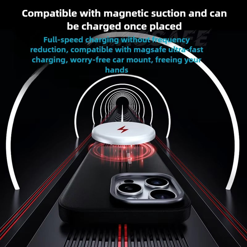 Luxury iPhone Case — Business Leather MagSafe Magnetic Cover with Anti-Fall Design, Metal Buttons, Shockproof Dual-Layer Protection & Non-Slip Textured Finish