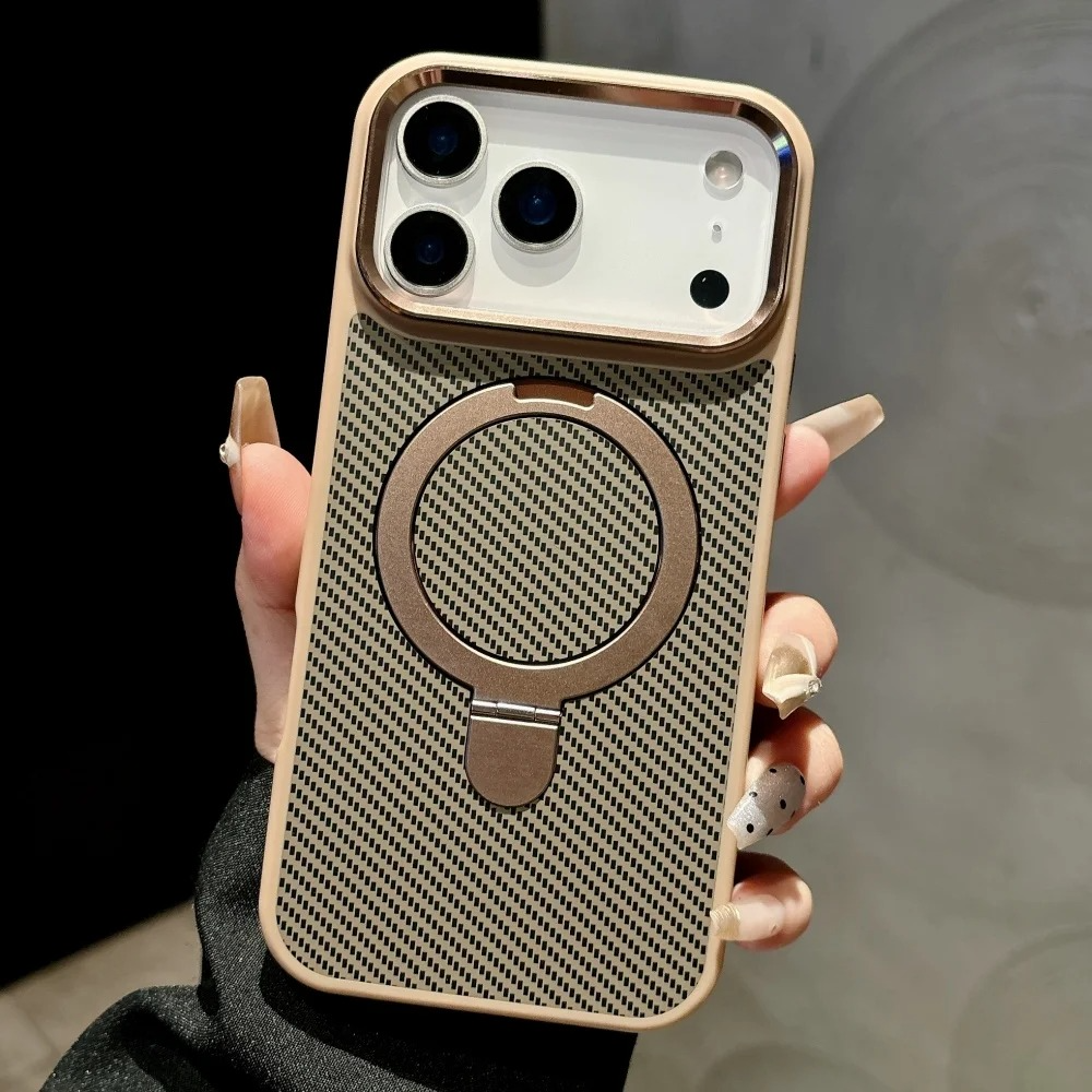 Luxury iPhone Case — Carbon Fiber Texture Magnetic Stand Holder Cover with Shockproof Half-Wrapped PC Design, Anti-Fingerprint and Screen Protection
