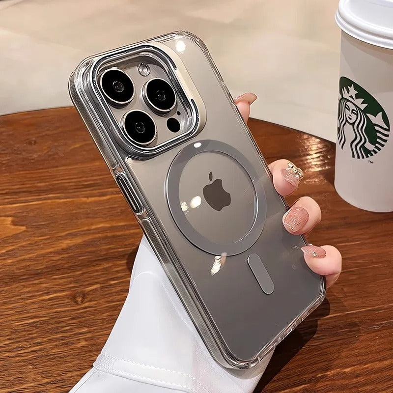 Luxury iPhone Case — Clear Full-Coverage Magnetic Shockproof Cover with Lens Holder, Anti-Fingerprint Anti-Scratch PC+TPU Design & Non-Slip Grip