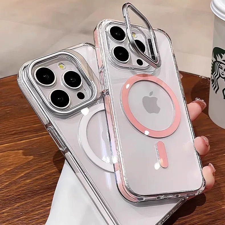 Luxury iPhone Case — Clear Full-Coverage Magnetic Shockproof Cover with Lens Holder, Anti-Fingerprint Anti-Scratch PC+TPU Design & Non-Slip Grip