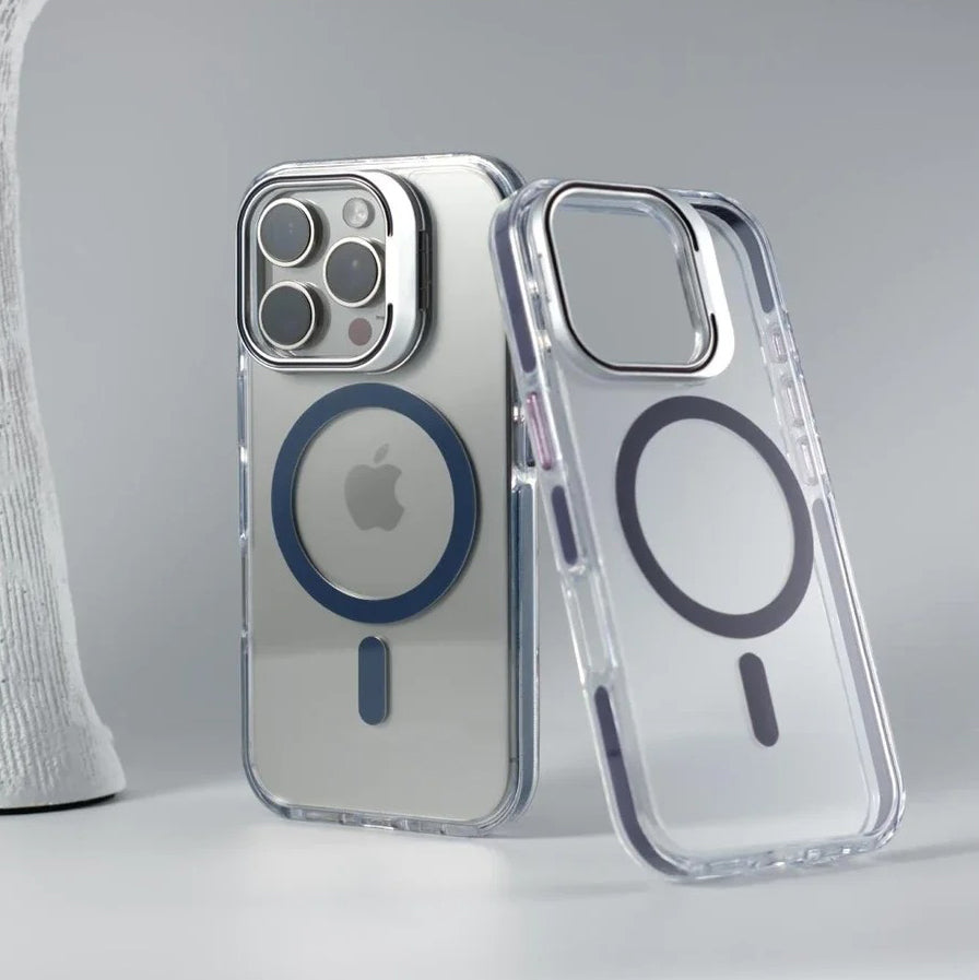 Luxury iPhone Case — Clear Full-Coverage Magnetic Shockproof Cover with Lens Holder, Anti-Fingerprint Anti-Scratch PC+TPU Design & Non-Slip Grip