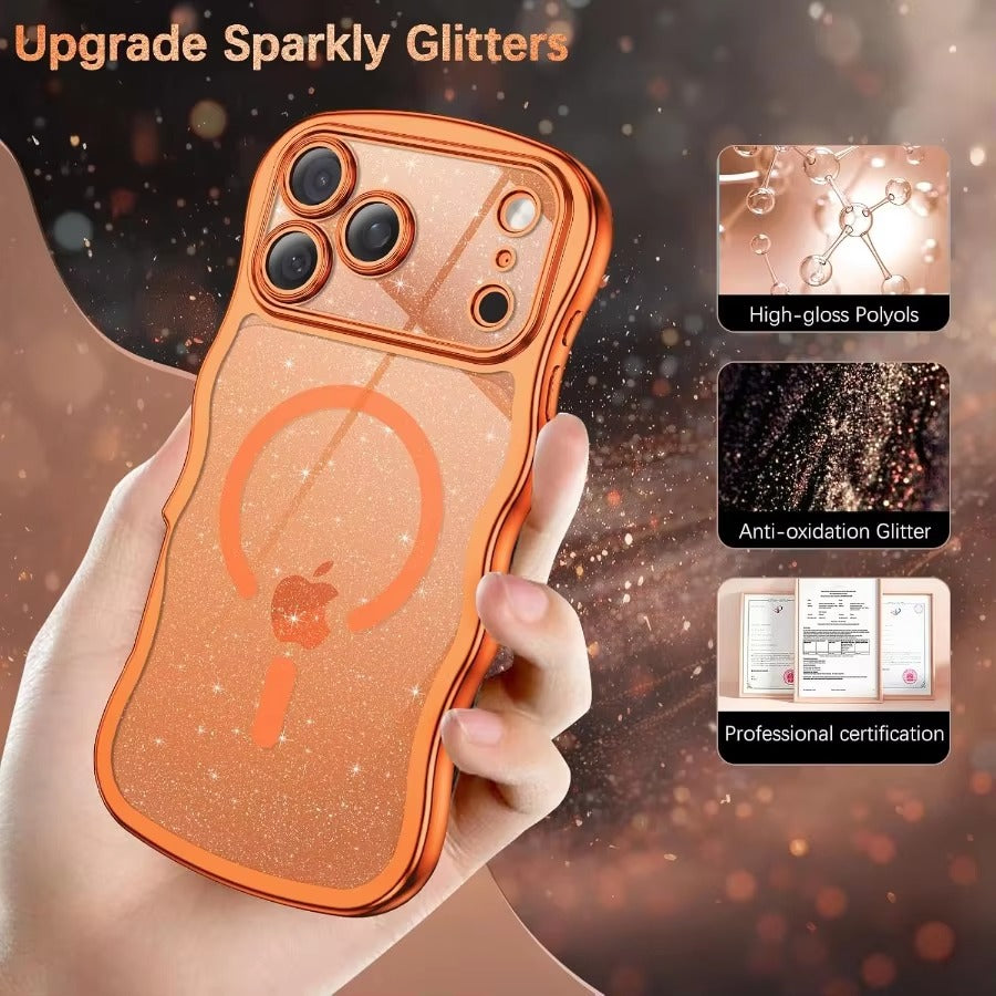 Luxury iPhone Case — Clear Glitter Magnetic Hard Cover with MagSafe Compatibility, Plated Wavy Frame Design & Cute Anti-Slip Style