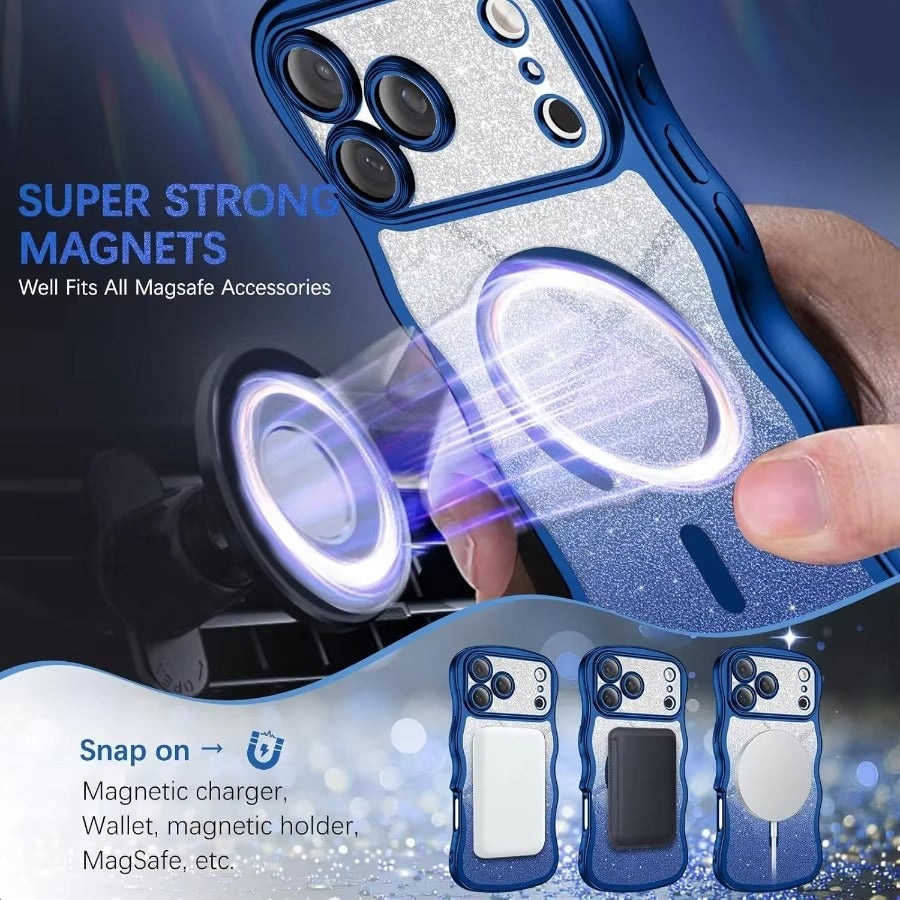 Luxury iPhone Case — Clear MagSafe-Compatible Cover with Full Camera Protection, Cute Wave Frame Design & DIY Glitter Style