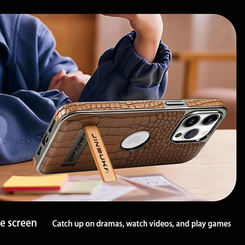 Luxury iPhone Case — Crocodile Genuine Leather MagSafe Cover with Magnetic Kickstand, Shockproof Half-Wrapped Design, Wireless-Charging Safe and Anti-Fingerprint Finish