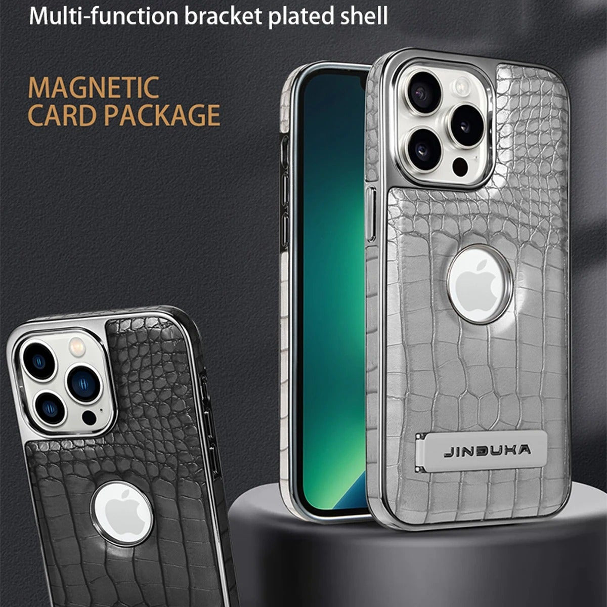 Luxury iPhone Case — Crocodile Genuine Leather MagSafe Cover with Magnetic Kickstand, Shockproof Half-Wrapped Design, Wireless-Charging Safe and Anti-Fingerprint Finish