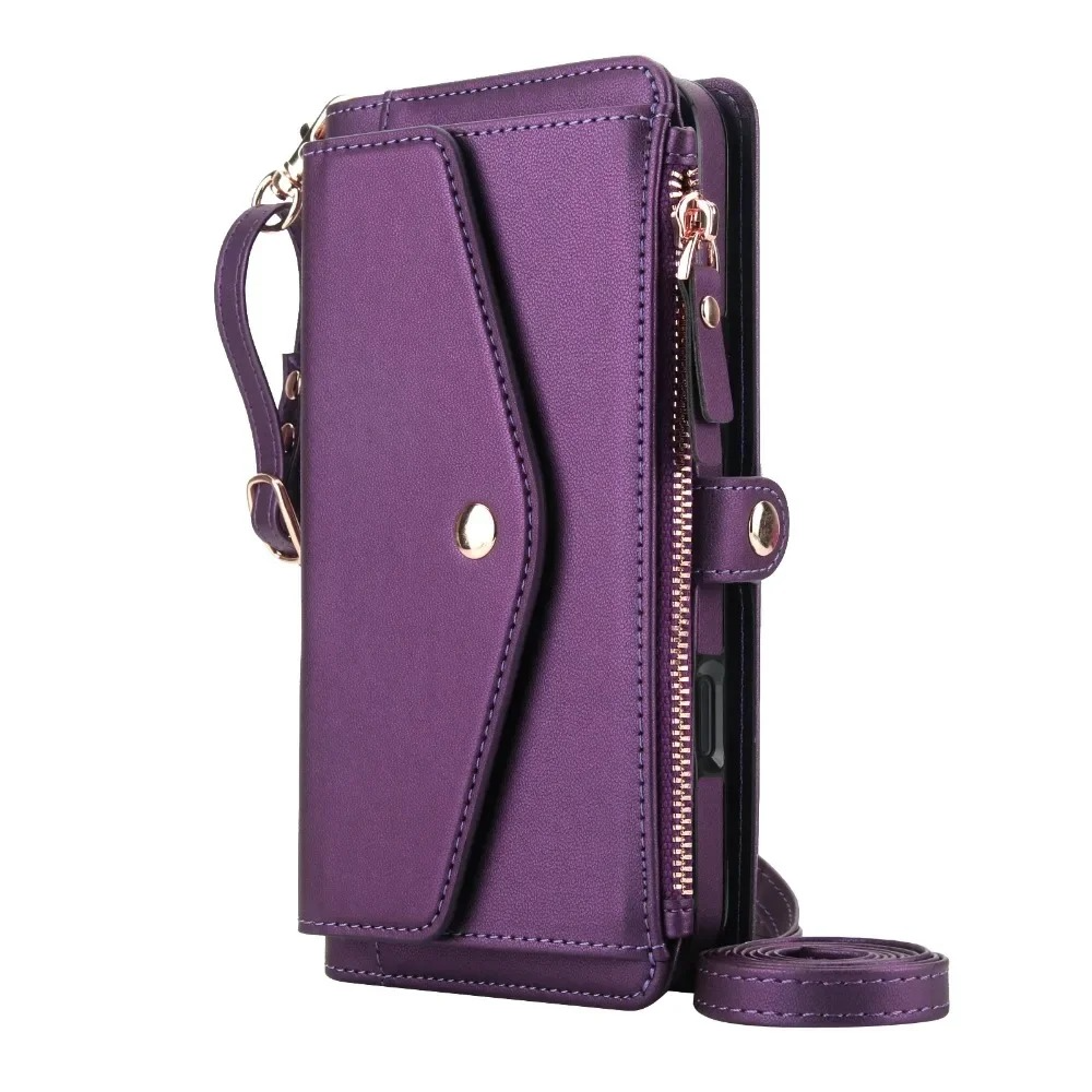 Luxury iPhone Case — Crossbody Detachable Magnetic Wallet Cover with Lanyard, Holder Feature and Anti-Fingerprint PU Leather Design