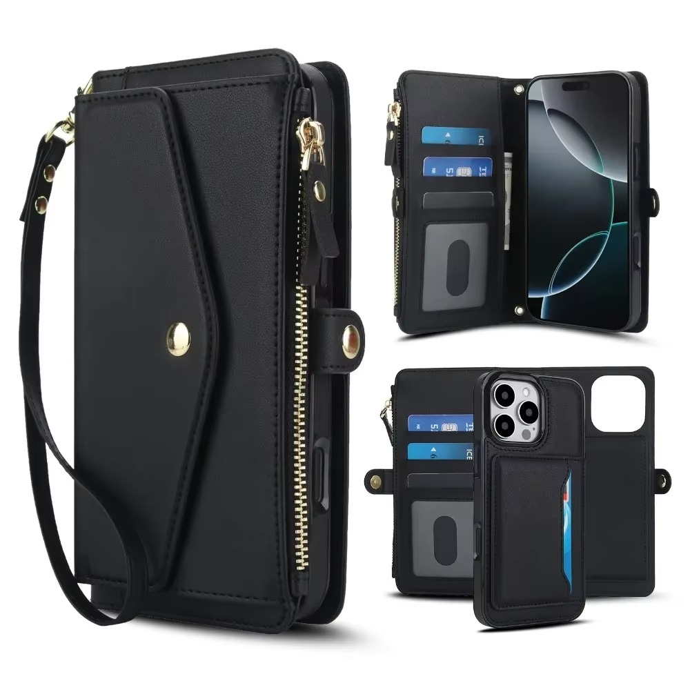 Luxury iPhone Case — Crossbody Detachable Magnetic Wallet Cover with Lanyard, Holder Feature and Anti-Fingerprint PU Leather Design