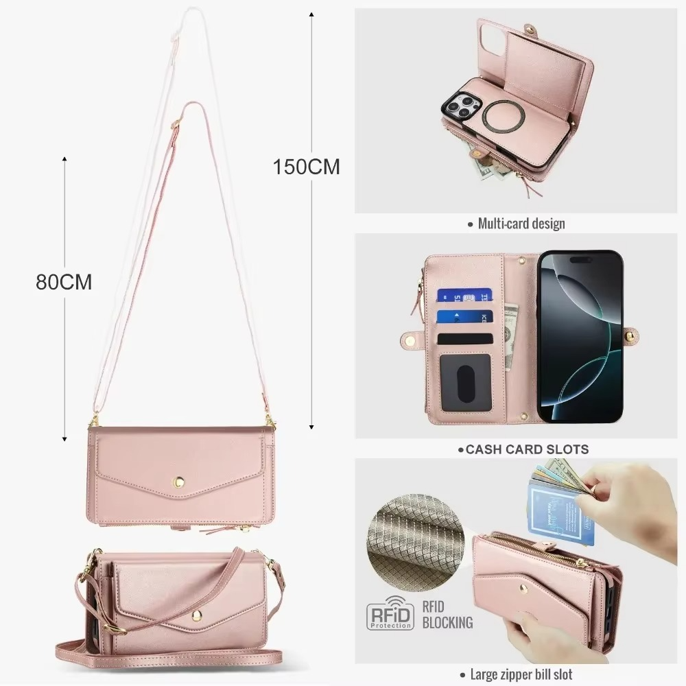 Luxury iPhone Case — Crossbody Detachable Magnetic Wallet Cover with Lanyard, Holder Feature and Anti-Fingerprint PU Leather Design